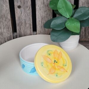 Hand Painted Glazed Ceramic Pastel Yellow & Blue Floral Trinket Box & Lid